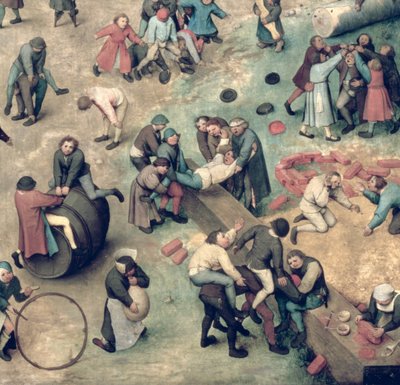Kinderspelen: detail van de rechter benedenhoek met kinderen die met stenen, hoepels en een vat spelen, 1560 (detail) door Pieter Bruegel the Elder